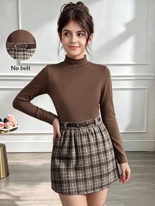 SHEIN 女童優雅休閒西式 80 年代可愛家庭派對校園風圓領巧克力棕色格紋長袖 T 恤搭配粗花呢裙 秋季 - 彩色 - 查看 4