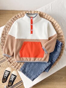 Young Boys Orange White Color-Block Stand Collar Fleece Sweatshirt Kangaroo Pocket Half Snap Pullover Top For Autumn Winter,Fall Tops,Fall Clothes - Multicolor - View 2