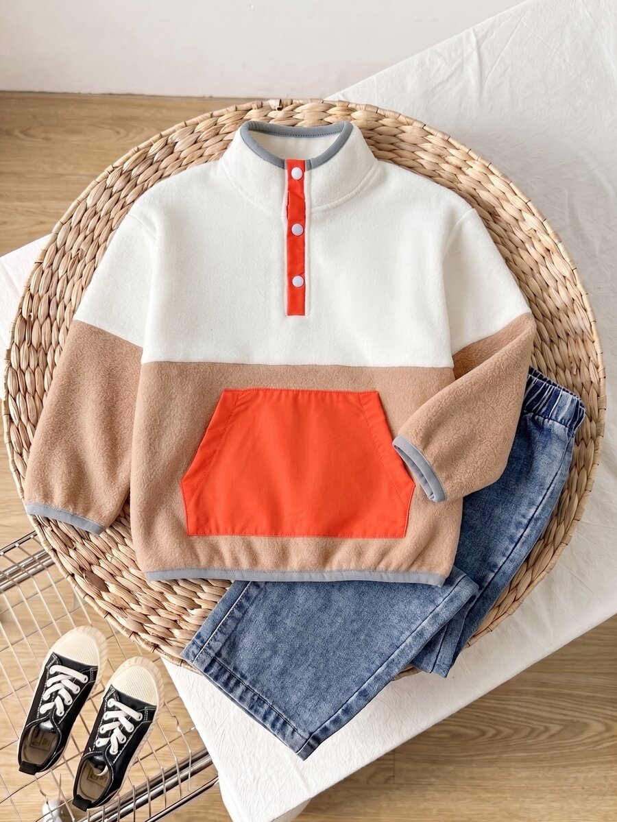 Young Boys Orange White Color-Block Stand Collar Fleece Sweatshirt Kangaroo Pocket Half Snap Pullover Top For Autumn Winter,Fall Tops,Fall Clothes