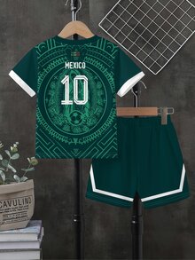 SHEIN 青少年男孩 Mexico 10 足球 2 件套，夏季運動街頭風寬鬆短袖短褲套裝，印花隊服球衣，適合學校訓練 - 彩色 - 查看 2