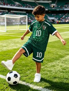 SHEIN 青少年男孩 Mexico 10 足球 2 件套，夏季運動街頭風寬鬆短袖短褲套裝，印花隊服球衣，適合學校訓練 - 彩色 - 查看 7