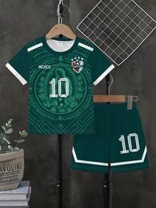 SHEIN 青少年男孩 Mexico 10 足球 2 件套，夏季運動街頭風寬鬆短袖短褲套裝，印花隊服球衣，適合學校訓練 - 彩色 - 查看 8