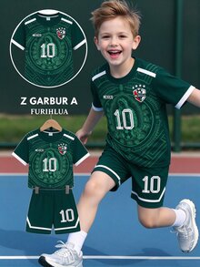 SHEIN 青少年男孩 Mexico 10 足球 2 件套，夏季運動街頭風寬鬆短袖短褲套裝，印花隊服球衣，適合學校訓練 - 彩色 - 查看 1