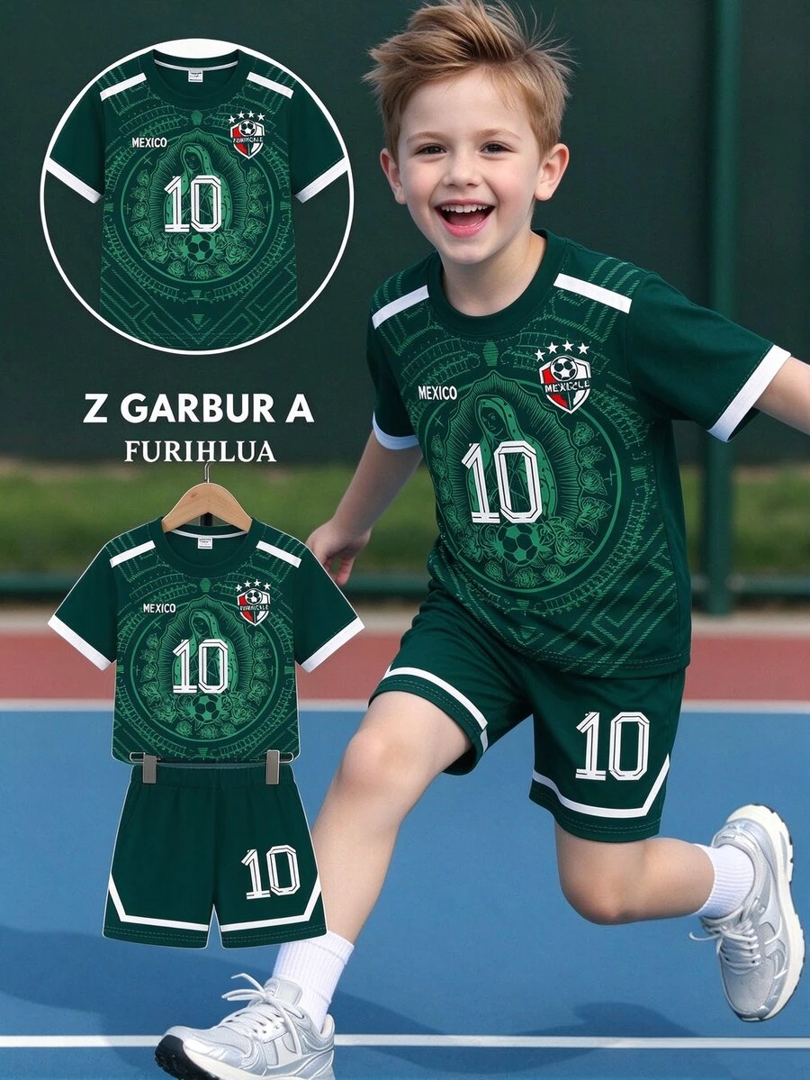 SHEIN 青少年男孩 Mexico 10 足球 2 件套,夏季運動街頭風寬鬆短袖短褲套裝,印花隊服球衣,適合學校訓練 - 彩色 - 查看 1