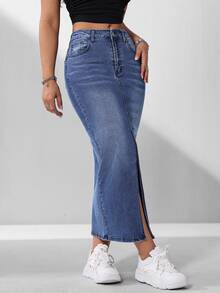 Flexra Spring/Summer Casual Water Wash Denim Skirt With Slanted Pocket And Side Slit - Dark Wash - View 4
