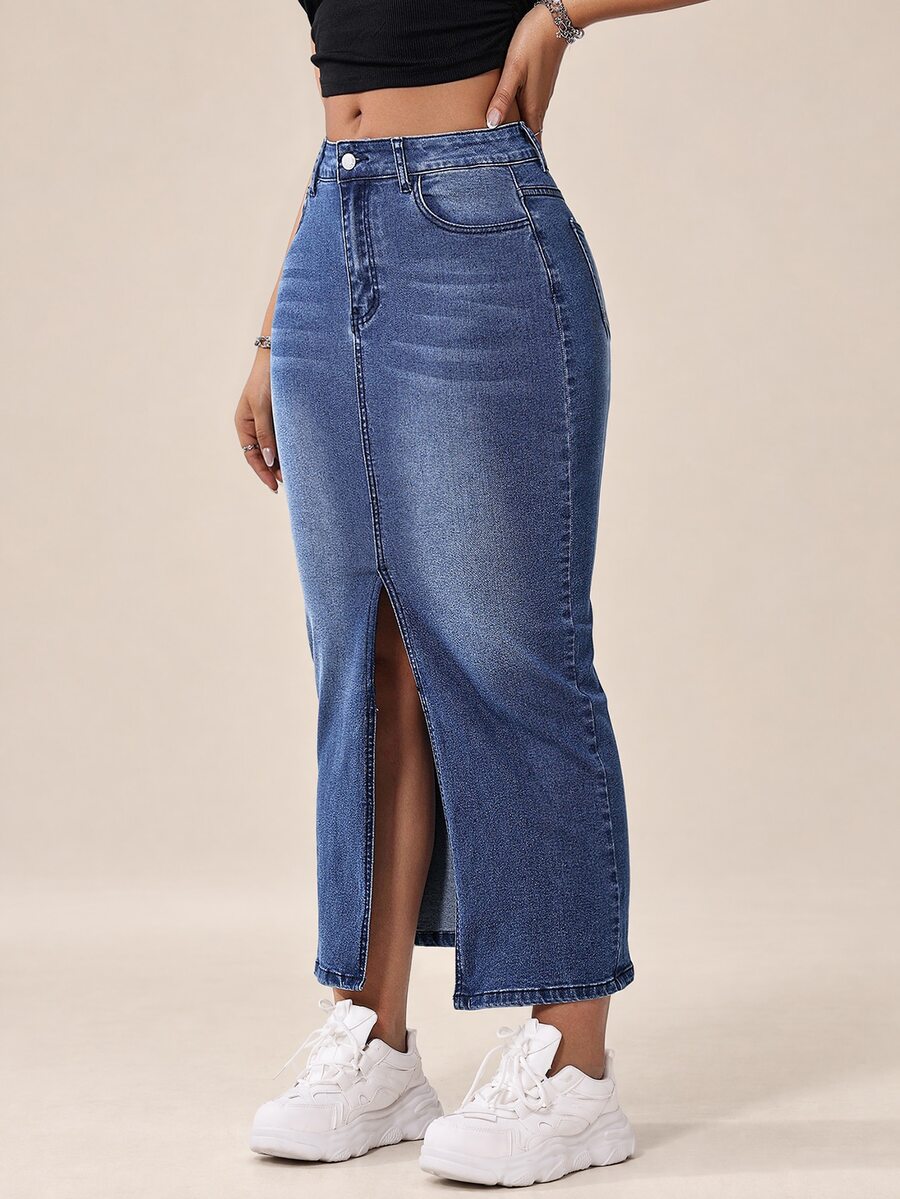 Flexra Spring/Summer Casual Water Wash Denim Skirt With Slanted Pocket And Side Slit - Dark Wash - View 1
