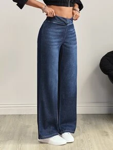 Flexra Women's V-Shaped Cross Design Elastic Waist Pocket Distressed Fashionable Jeans Office Travel Everyday School Navy Blue Fall Casual Streetwear - Blue - View 6