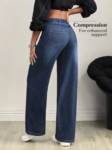 Flexra Women's V-Shaped Cross Design Elastic Waist Pocket Distressed Fashionable Jeans Office Travel Everyday School Navy Blue Fall Casual Streetwear - Blue - View 2