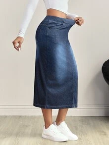 Flexra Women's Elastic Waist Pocket Slit Drawstring Denim Casual Skirt Everyday Travel Fall - Blue - View 5