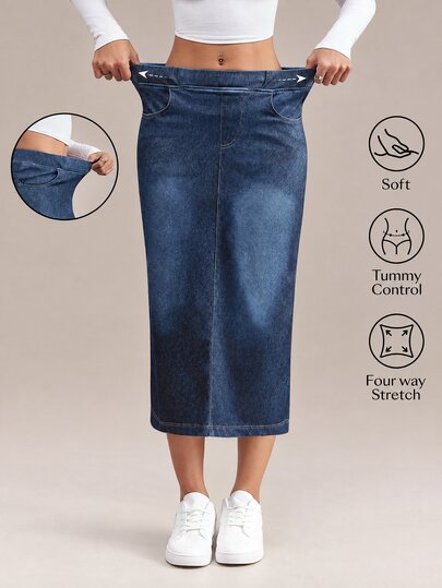 Flexra Women's Elastic Waist Pocket Slit Drawstring Denim Casual Skirt Everyday Travel Fall