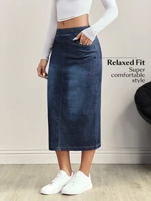Flexra Women's Elastic Waist Pocket Slit Drawstring Denim Casual Skirt Everyday Travel Fall - Blue - View 4