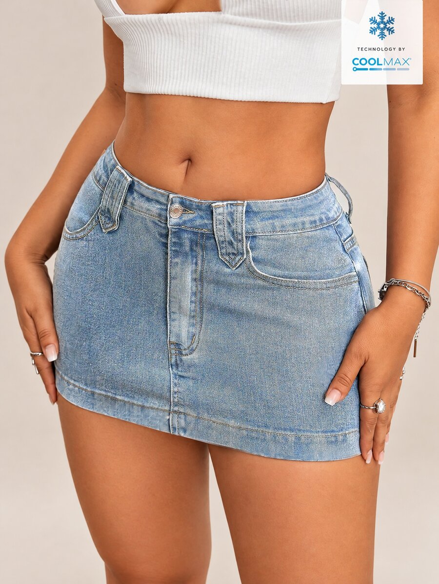 Flexra Summer Sexy Distressed Fitted Mini Denim Skirt Night Out Club Light Blue - Light Wash - View 1