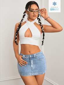 Flexra Summer Sexy Distressed Fitted Mini Denim Skirt Night Out Club Light Blue - Light Wash - View 4