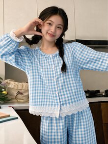 Tween Girl's Fresh Sweet Plaid Long Sleeve Open Front Top With Double Layer Lace Cuffs/Hem + Ruffle Collar + Wide Leg Pants 2 Pieces Loungewear Set - Blue - View 1