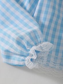 Tween Girl's Fresh Sweet Plaid Long Sleeve Open Front Top With Double Layer Lace Cuffs/Hem + Ruffle Collar + Wide Leg Pants 2 Pieces Loungewear Set - Blue - View 4