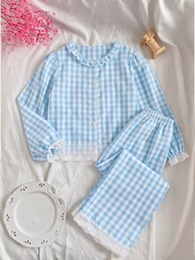 Tween Girl's Fresh Sweet Plaid Long Sleeve Open Front Top With Double Layer Lace Cuffs/Hem + Ruffle Collar + Wide Leg Pants 2 Pieces Loungewear Set - Blue - View 7