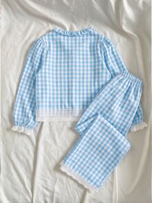 Tween Girl's Fresh Sweet Plaid Long Sleeve Open Front Top With Double Layer Lace Cuffs/Hem + Ruffle Collar + Wide Leg Pants 2 Pieces Loungewear Set - Blue - View 2