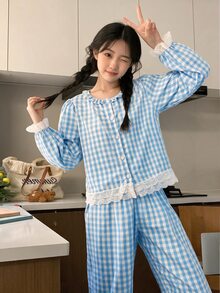 Tween Girl's Fresh Sweet Plaid Long Sleeve Open Front Top With Double Layer Lace Cuffs/Hem + Ruffle Collar + Wide Leg Pants 2 Pieces Loungewear Set - Blue - View 3