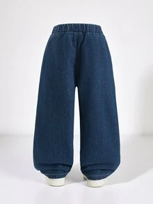SHEIN 小男孩寬鬆牛仔長褲 嬰兒藍 棉質 百搭 時尚牛仔風 春季 秋冬/冬季 日常/休閒/上學/假期 - 深色水洗藍 - 查看 2