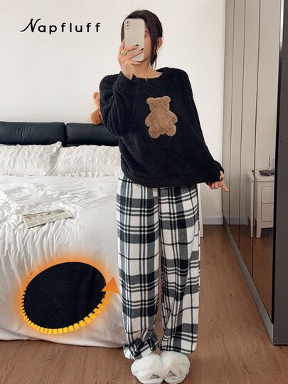 Napfluff 2pcs/Set Minimalist Bear Long Sleeve Top & Plaid Pants Pajamas Homewear