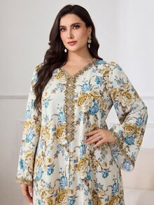 Al Najma Plus Size Women V-Neck Floral All-Over Print Vintage Modest Ninang Arabic Style Dress Fall Wedding Christening Party White Yellow - Multicolor - View 4
