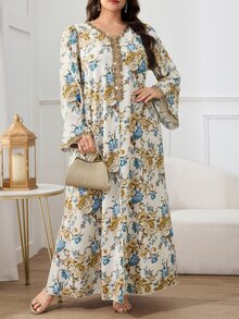 Al Najma Plus Size Women V-Neck Floral All-Over Print Vintage Modest Ninang Arabic Style Dress Fall Wedding Christening Party White Yellow - Multicolor - View 7