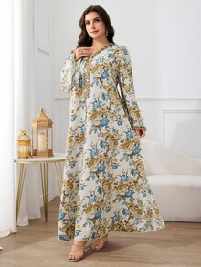 Al Najma Plus Size Women V-Neck Floral All-Over Print Vintage Modest Ninang Arabic Style Dress Fall Wedding Christening Party White Yellow - Multicolor - View 8