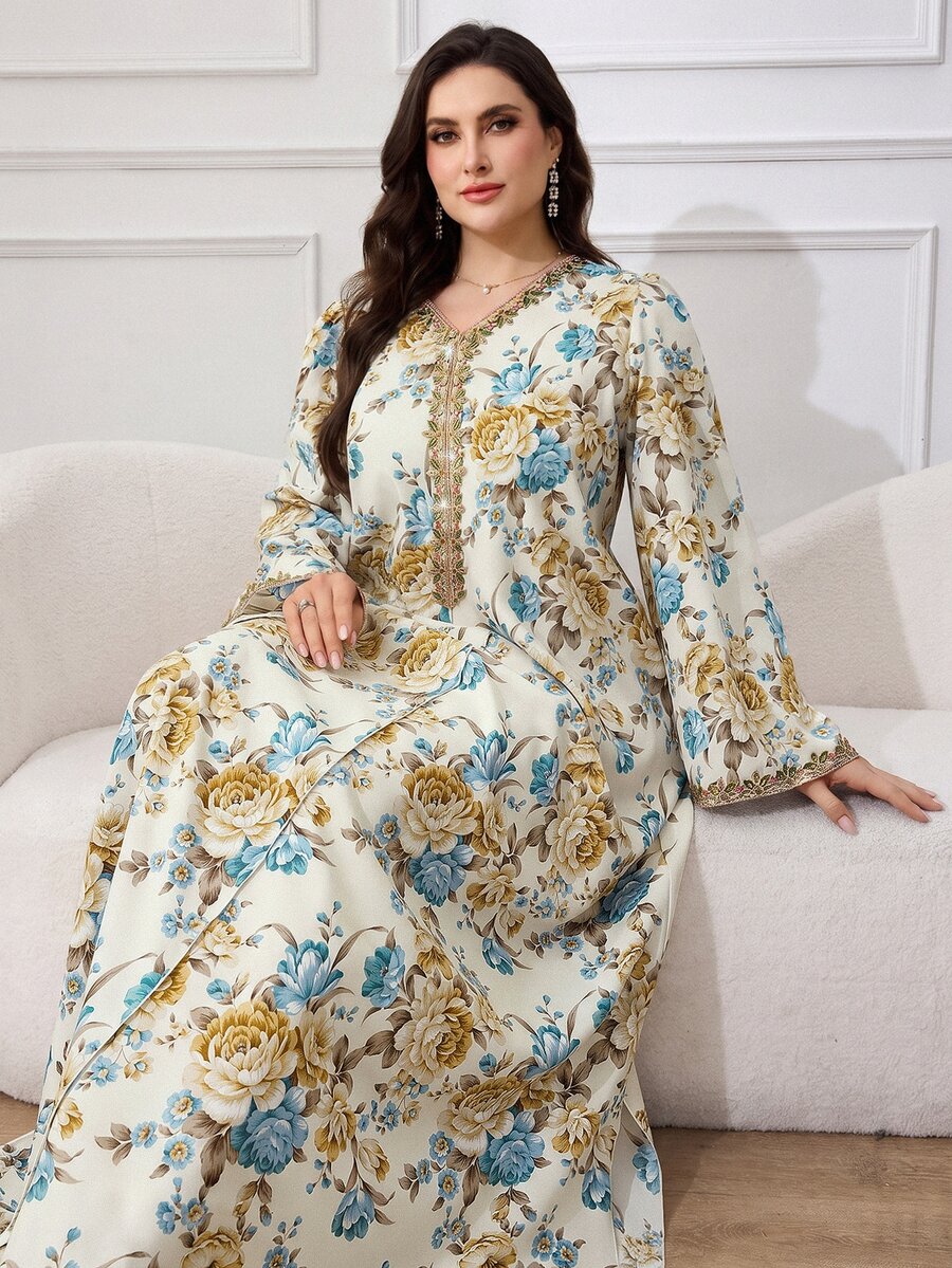 Al Najma Plus Size Women V-Neck Floral All-Over Print Vintage Modest Ninang Arabic Style Dress Fall Wedding Christening Party White Yellow