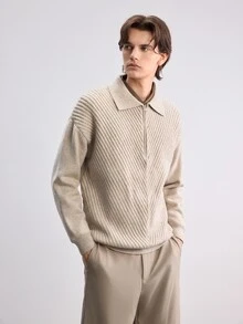 Manfinity CasualKnits 男士秋冬落肩長袖翻領套頭毛衣，半開胸時尚休閒設計針織衫，修身版型四分之一拉鍊套頭衫 - 杏色 - 查看 7