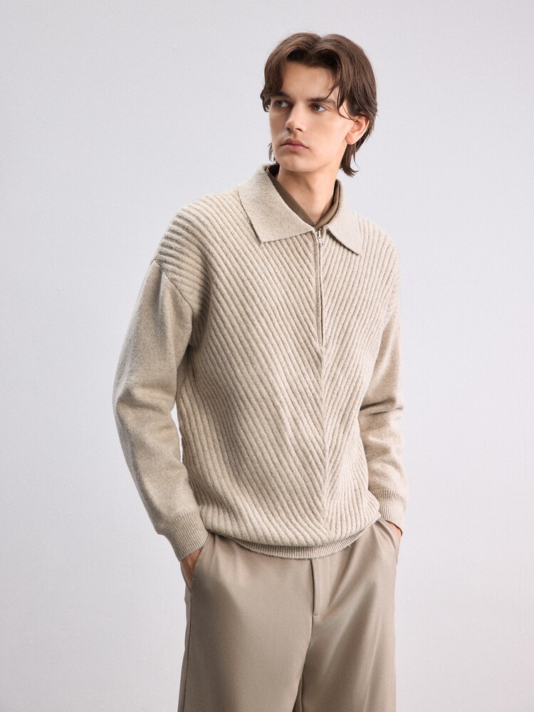 Manfinity CasualKnits Men's Autumn/Winter Dropped Shoulder Long Sleeve Turn-Down Collar Pullover Sweater, Half-Open Chest Fashion Casual Design Knitwear, Fitted Fit Quarter-Zip Pullover - Apricot - View 7