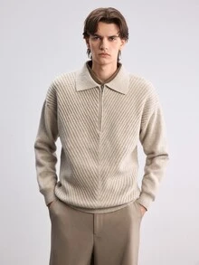 Manfinity CasualKnits 男士秋冬落肩長袖翻領套頭毛衣，半開胸時尚休閒設計針織衫，修身版型四分之一拉鍊套頭衫 - 杏色 - 查看 6