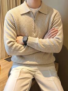 Manfinity CasualKnits 男士秋冬落肩長袖翻領套頭毛衣，半開胸時尚休閒設計針織衫，修身版型四分之一拉鍊套頭衫 - 杏色 - 查看 1