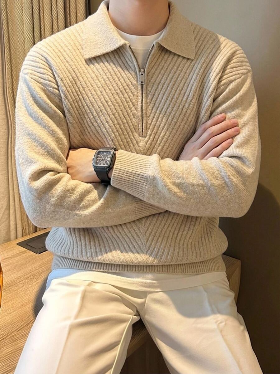 Manfinity CasualKnits 男士秋冬落肩長袖翻領套頭毛衣,半開胸時尚休閒設計針織衫,修身版型四分之一拉鍊套頭衫 - 杏色 - 查看 1