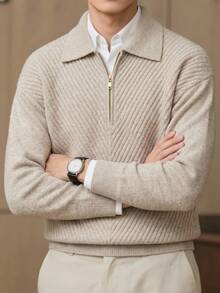 Manfinity CasualKnits 男士秋冬落肩長袖翻領套頭毛衣，半開胸時尚休閒設計針織衫，修身版型四分之一拉鍊套頭衫 - 杏色 - 查看 3