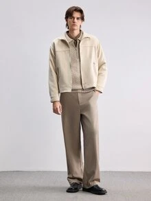 Manfinity CasualKnits 男士秋冬落肩長袖翻領套頭毛衣，半開胸時尚休閒設計針織衫，修身版型四分之一拉鍊套頭衫 - 杏色 - 查看 5