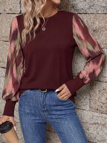 Easowa Women's Round Neck Lantern Sleeve Cuffed Casual Commute Elegant Streetwear Autumn/Winter Base Layer Top - Multicolor - View 5