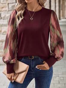 Easowa Women's Round Neck Lantern Sleeve Cuffed Casual Commute Elegant Streetwear Autumn/Winter Base Layer Top - Multicolor - View 7