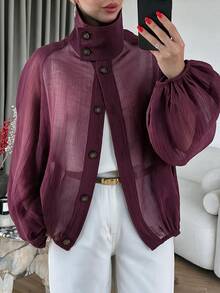 SHEIN LUNE Plus Size Sheer Crinkled Stand Collar Button Front Puff Long Sleeve Loose Casual Shirt Jacket Fall - Burgundy - View 3