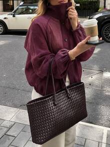 SHEIN LUNE Plus Size Sheer Crinkled Stand Collar Button Front Puff Long Sleeve Loose Casual Shirt Jacket Fall - Burgundy - View 4
