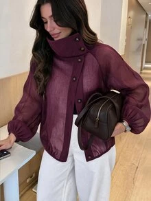 SHEIN LUNE Plus Size Sheer Crinkled Stand Collar Button Front Puff Long Sleeve Loose Casual Shirt Jacket Fall - Burgundy - View 1