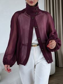 SHEIN LUNE Plus Size Sheer Crinkled Stand Collar Button Front Puff Long Sleeve Loose Casual Shirt Jacket Fall - Burgundy - View 7