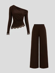 Sweetra Women's Lace Patchwork Long Sleeve Top And Pants Casual Daily Set - Coffee Brown - View 3