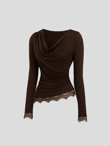 Sweetra Women's Lace Patchwork Long Sleeve Top And Pants Casual Daily Set - Coffee Brown - View 4