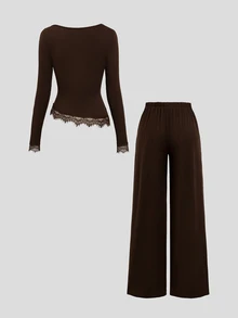 Sweetra Women's Lace Patchwork Long Sleeve Top And Pants Casual Daily Set - Coffee Brown - View 2