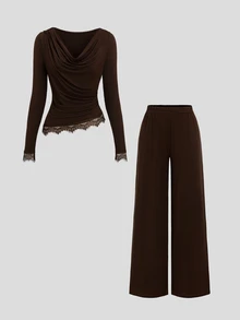Sweetra Women's Lace Patchwork Long Sleeve Top And Pants Casual Daily Set - Coffee Brown - View 8