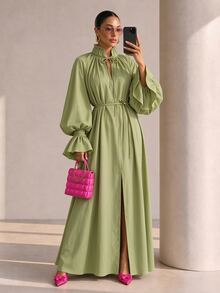 Structelle Women's Casual Raglan Puff Lantern Sleeve Dress With Cuffed Frill Trim, V-Neck Mock Collar With Tie Design, Straight Loose Fit Long Robe Dress - Green - View 6