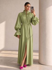 Structelle Women's Casual Raglan Puff Lantern Sleeve Dress With Cuffed Frill Trim, V-Neck Mock Collar With Tie Design, Straight Loose Fit Long Robe Dress - Green - View 3