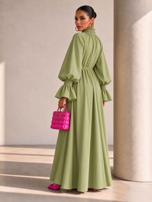 Structelle Women's Casual Raglan Puff Lantern Sleeve Dress With Cuffed Frill Trim, V-Neck Mock Collar With Tie Design, Straight Loose Fit Long Robe Dress - Green - View 2