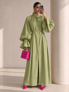 Structelle Women's Casual Raglan Puff Lantern Sleeve Dress With Cuffed Frill Trim, V-Neck Mock Collar With Tie Design, Straight Loose Fit Long Robe Dress - Green - View 7