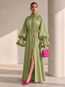 Structelle Women's Casual Raglan Puff Lantern Sleeve Dress With Cuffed Frill Trim, V-Neck Mock Collar With Tie Design, Straight Loose Fit Long Robe Dress - Green - View 5